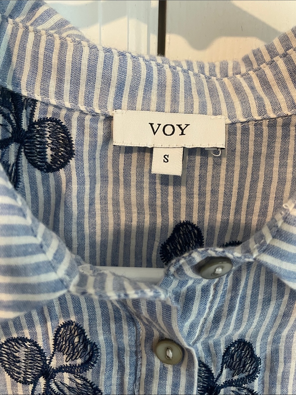 VOY Blue Stripe Embroidered Ruffle-Sleeve Blouse - Picture 4 of 9